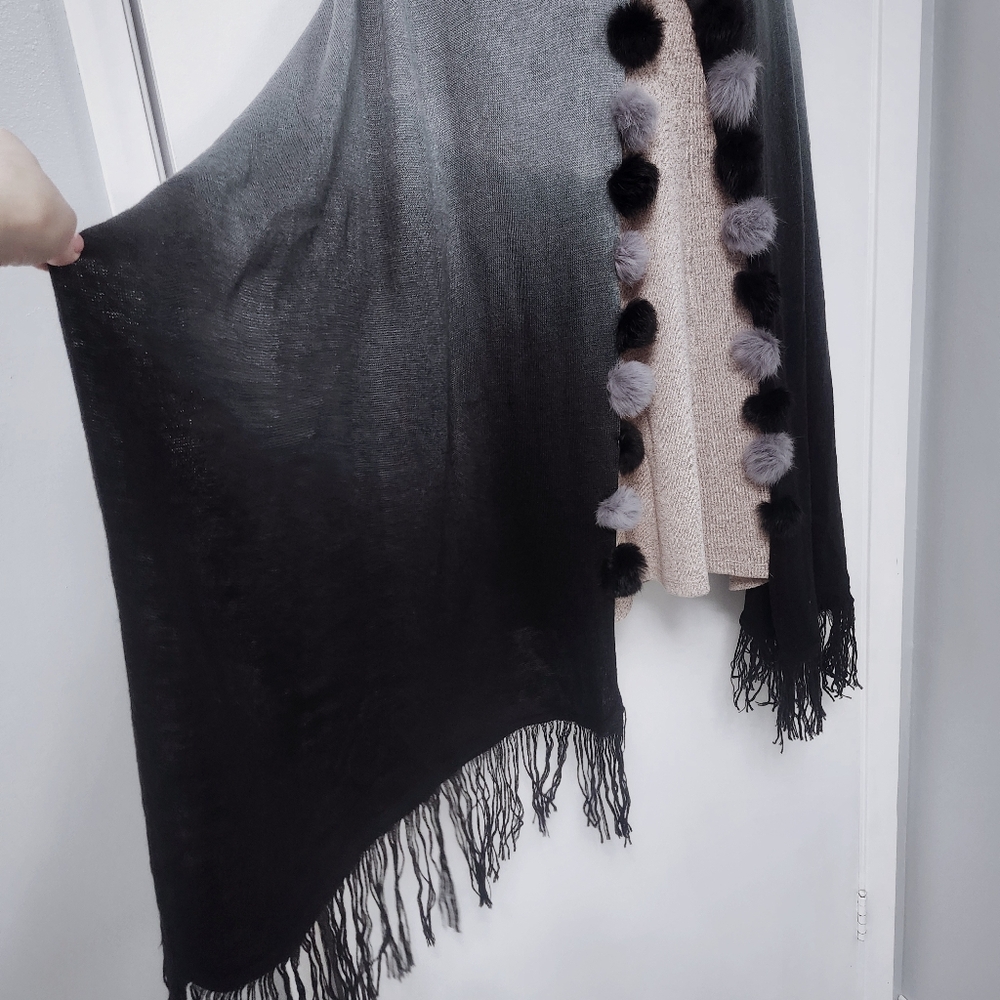 Ombre Shawl Gray & Black w/ Fur Pom Pom Scarf Wrap - Picture 6 of 8